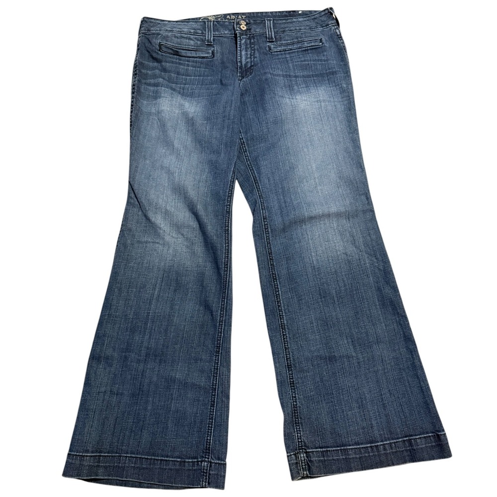 Ariat Denim Trouser Jeans Womens 34R Medium Wash Wide Leg Western Blue
